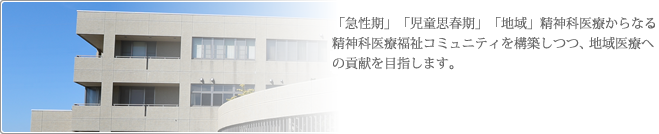 「急性期」「児童思春期」「地域」精神科医療からなる精神科医療福祉コミュニティを構築しつつ、精神科、小児科、歯科医療の連携から地域医療への貢献をめざします。2008年11月1日からは横浜市内にて新たなスタイルの精神科専門医療の実現をめざします。